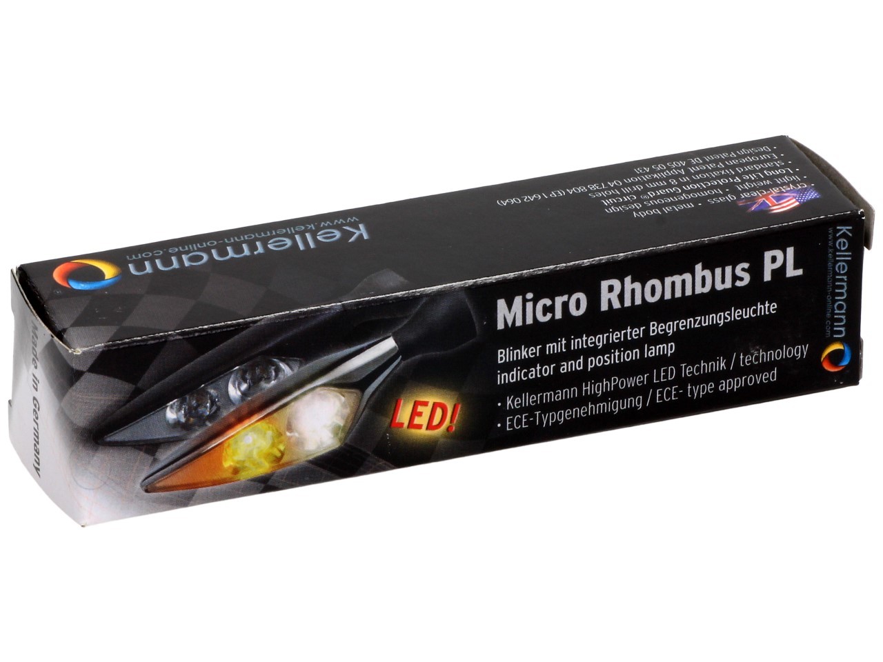 Clignotant Kellermann, Rhombus PL, acier, LED, avant droite, 12 V, noir satiné, homologué E