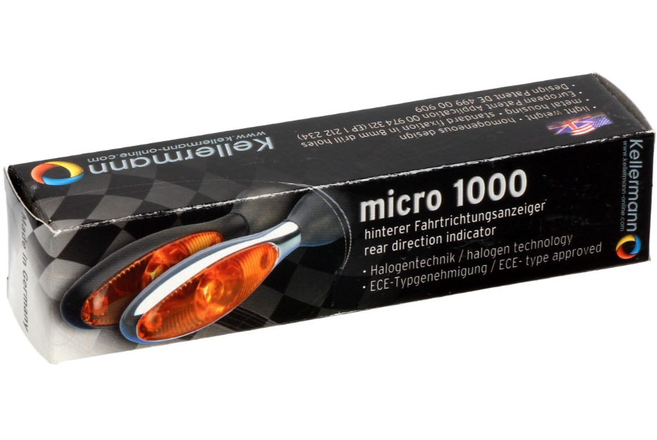 Clignotant Kellermann, Micro 1000 halogène, acier, halogène, HR/HL, 12 V, 6 W, chrome mat, M8x20