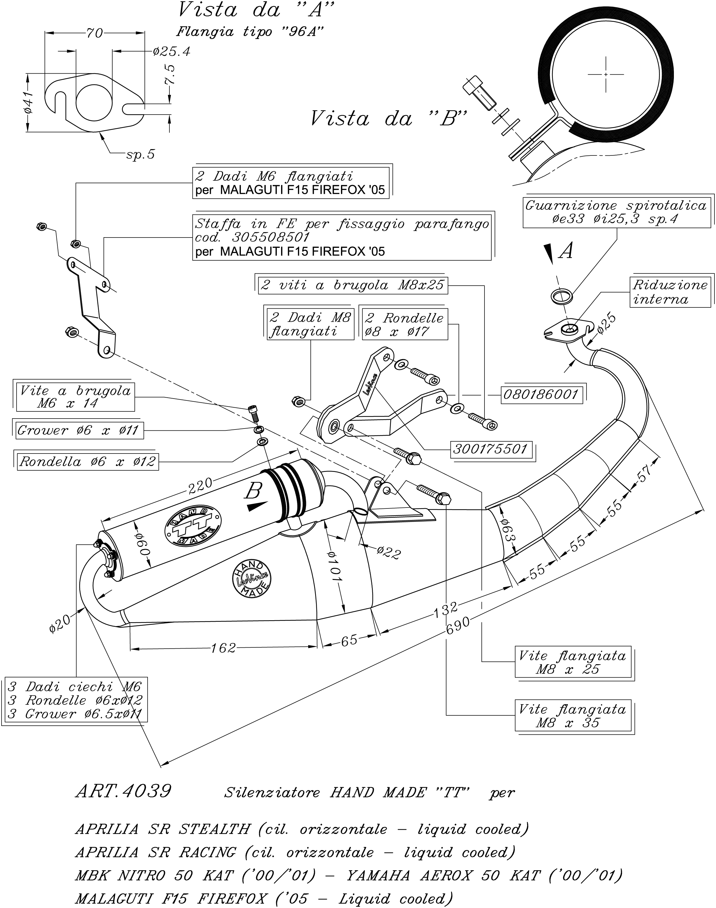 LeoVince Système d'échappement Hand Made TT, acier, Full System pour Yamaha Aerox 50 Kat (Bj.00-01)