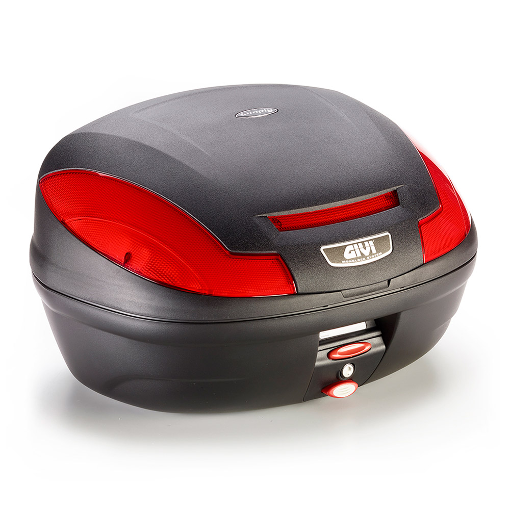 E470 Simply III Topcase MONOLOCK noir avec catadioptres rouges et housse sans plaque d'origine Givi