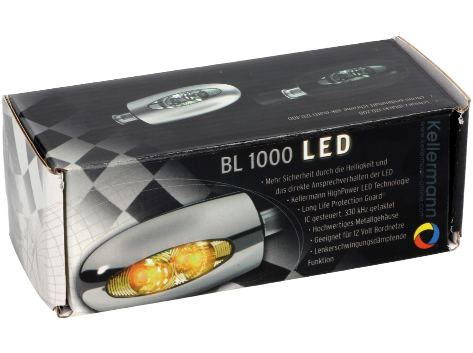Clignotants Kellermann, BL 1000, acier, LED, VR/VL, 12 V, chrome brillant, homologués E