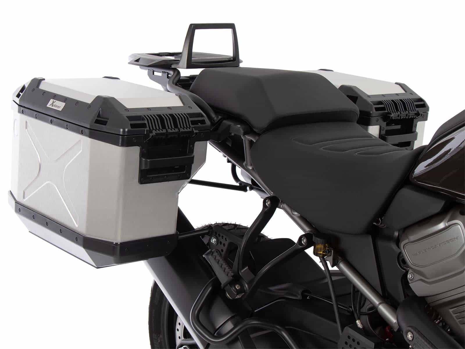 Kit de support de valises Cutout y compris kit de valises Xplorer Cutout argent pour Harley Davidson Pan America (21-)