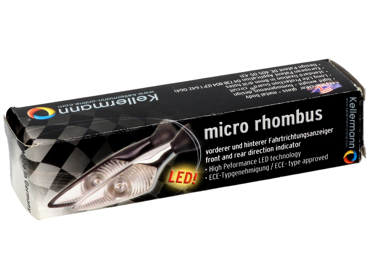 Clignotants Kellermann, losange, acier, LED, VR/HL, 12 V, chrome brillant, M8x20, homologués E