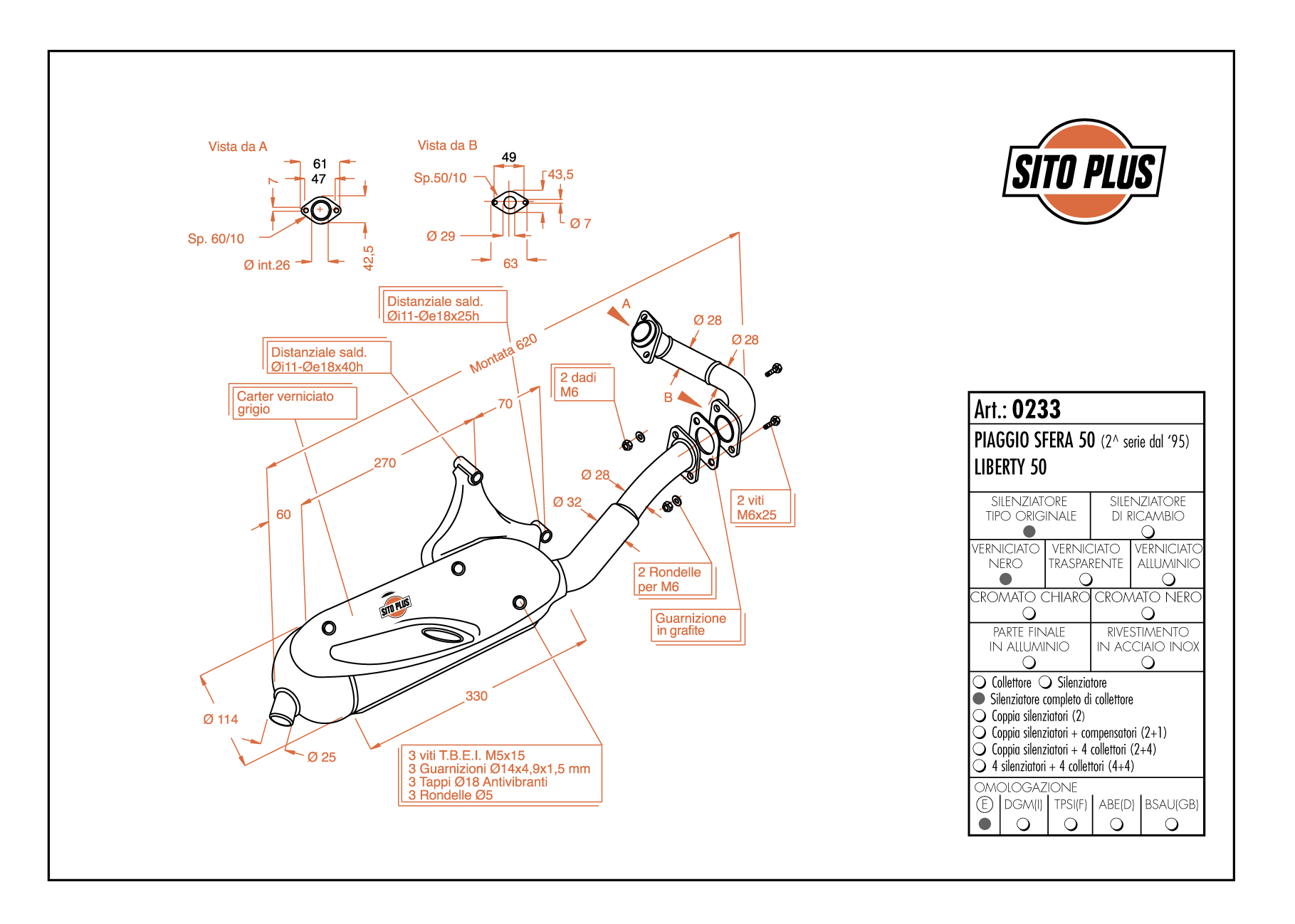 Sito / LeoVince Système d'échappement Sito Plus, acier pour Piaggio Liberty 50 (année 1995-)