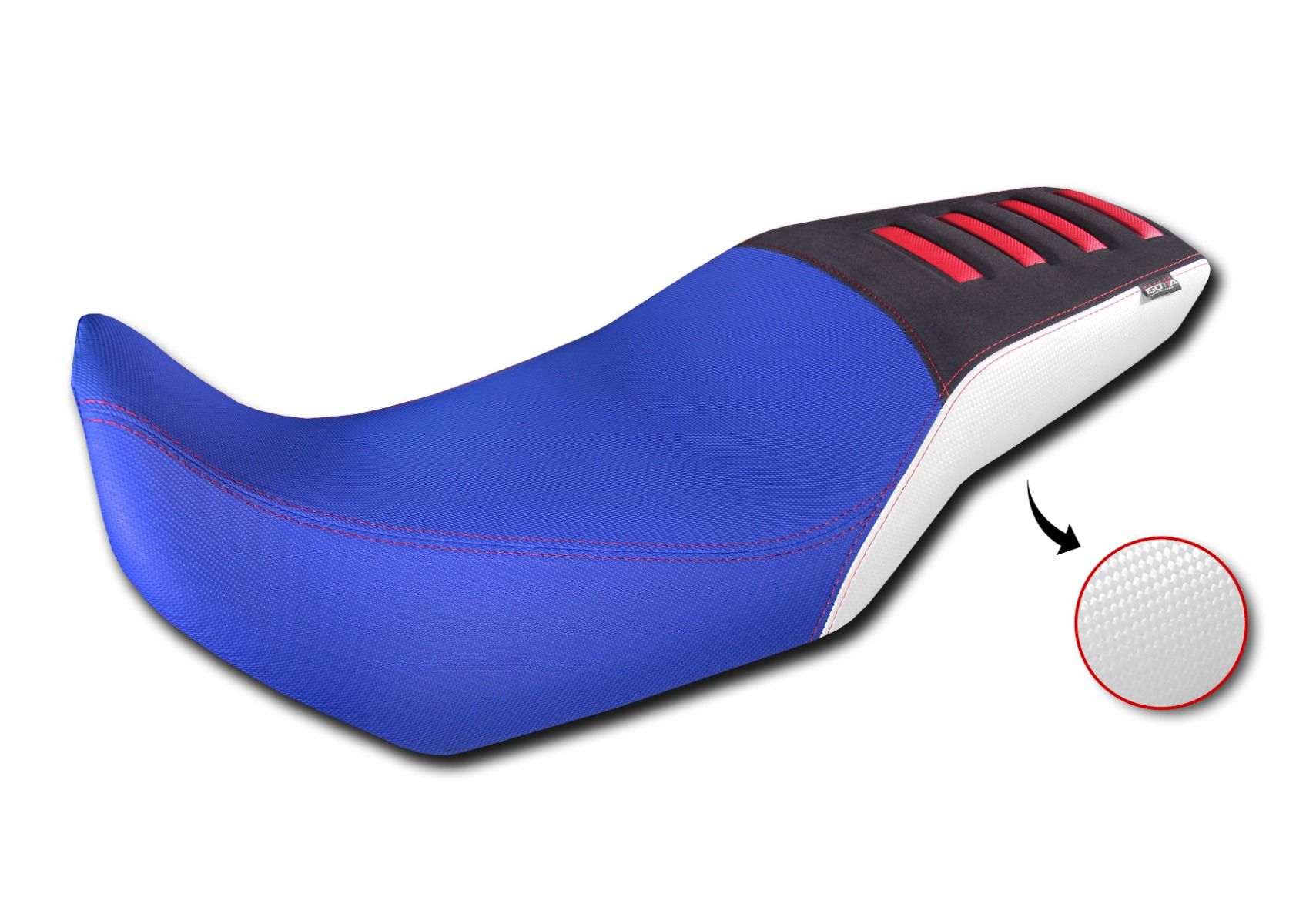 Housse de siège Comfort en fibre 3D pour Honda XL 750 Transalp, bleu / blanc / noir avec inserts rouges