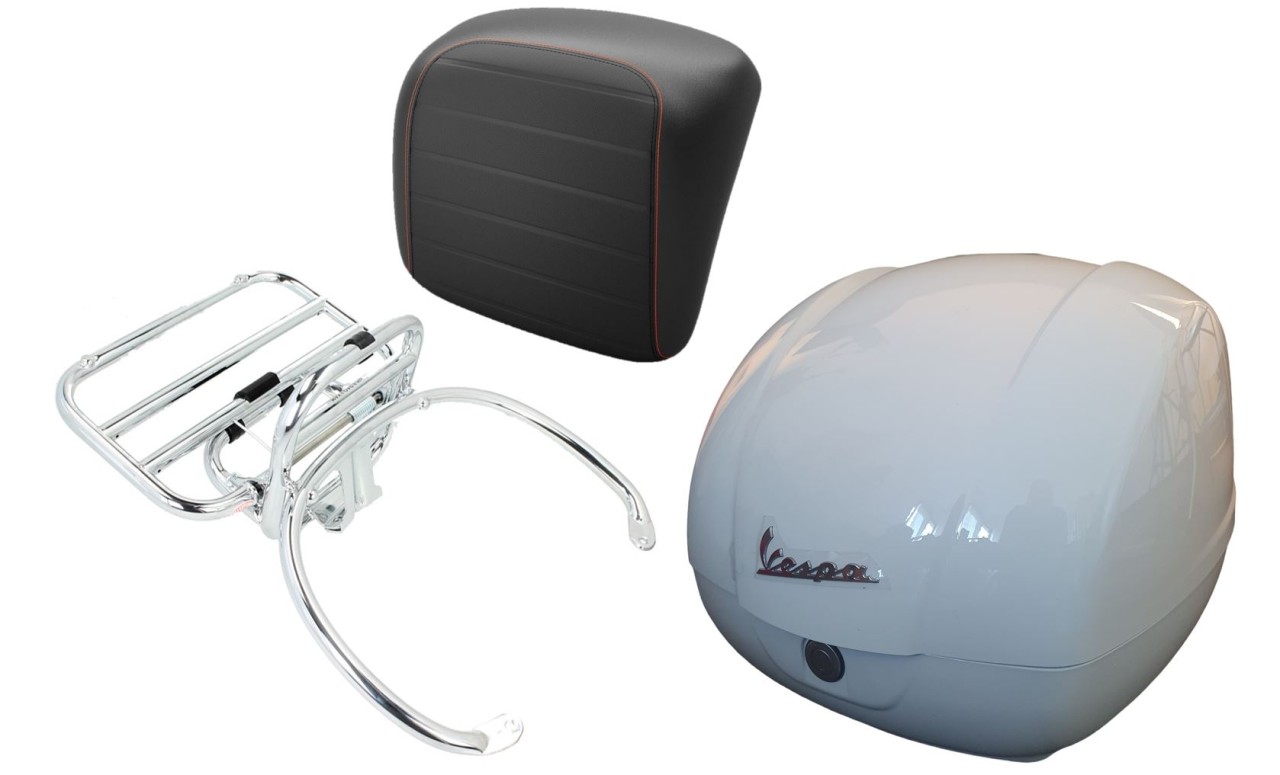 Kit top case 36L blanc, porte-bagages chrome, coussin dorsal noir avec couture orange pour Vespa GTS