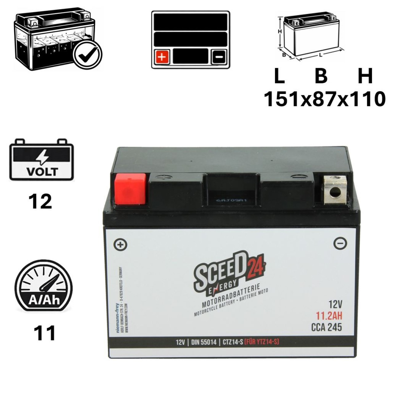 Batterie Sceed24 12 V, 11 A, gel / SLA