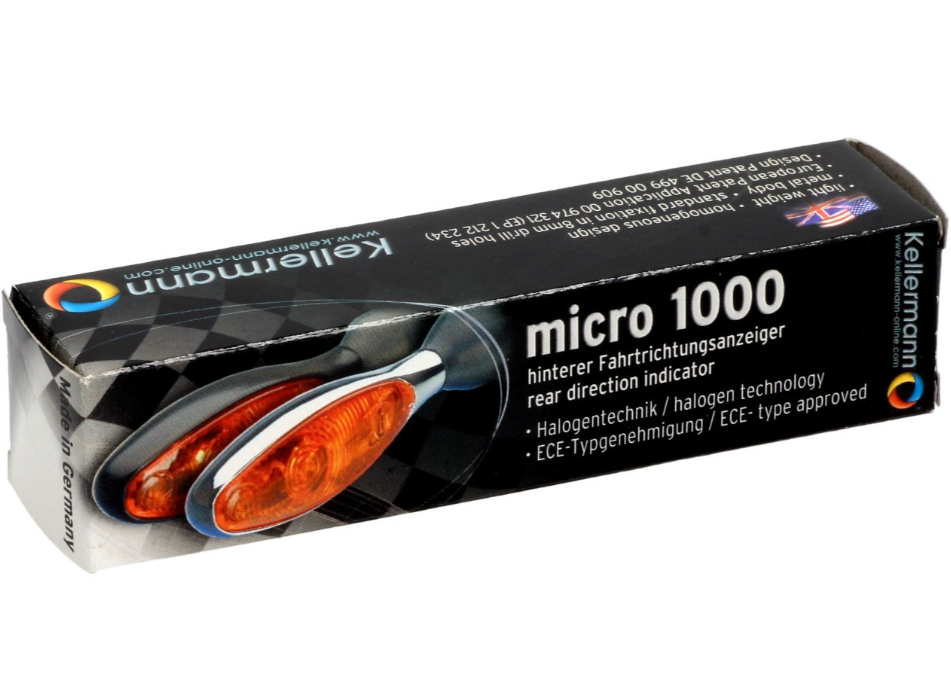 Clignotant Kellermann, Micro 1000 halogène, acier, halogène, HR/HL, 12 V, 6 W, chrome brillant, M8x20