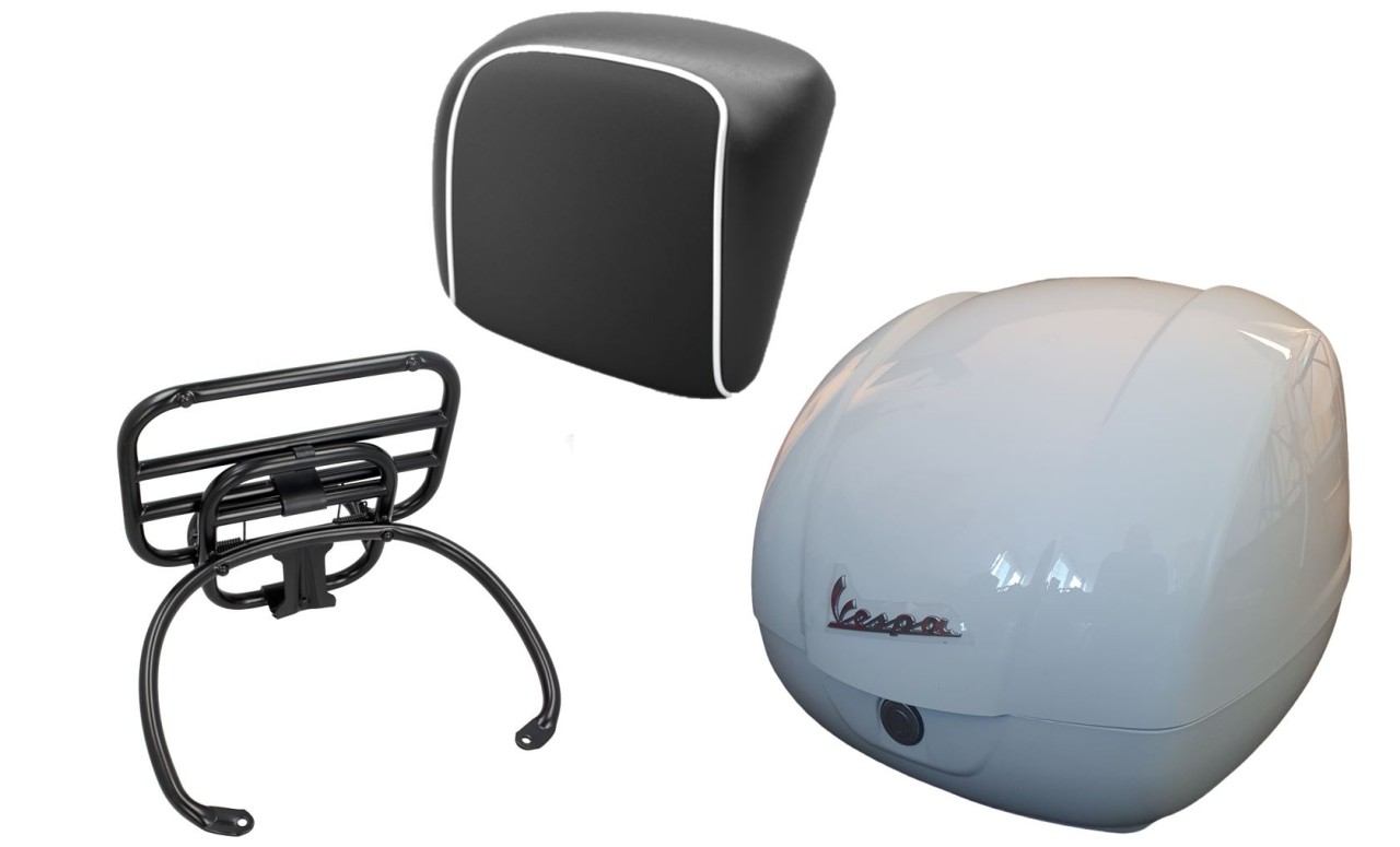 Kit top case 36L blanc (B04), porte-bagages noir, coussin dorsal noir, passepoil blanc pour Vespa GTS