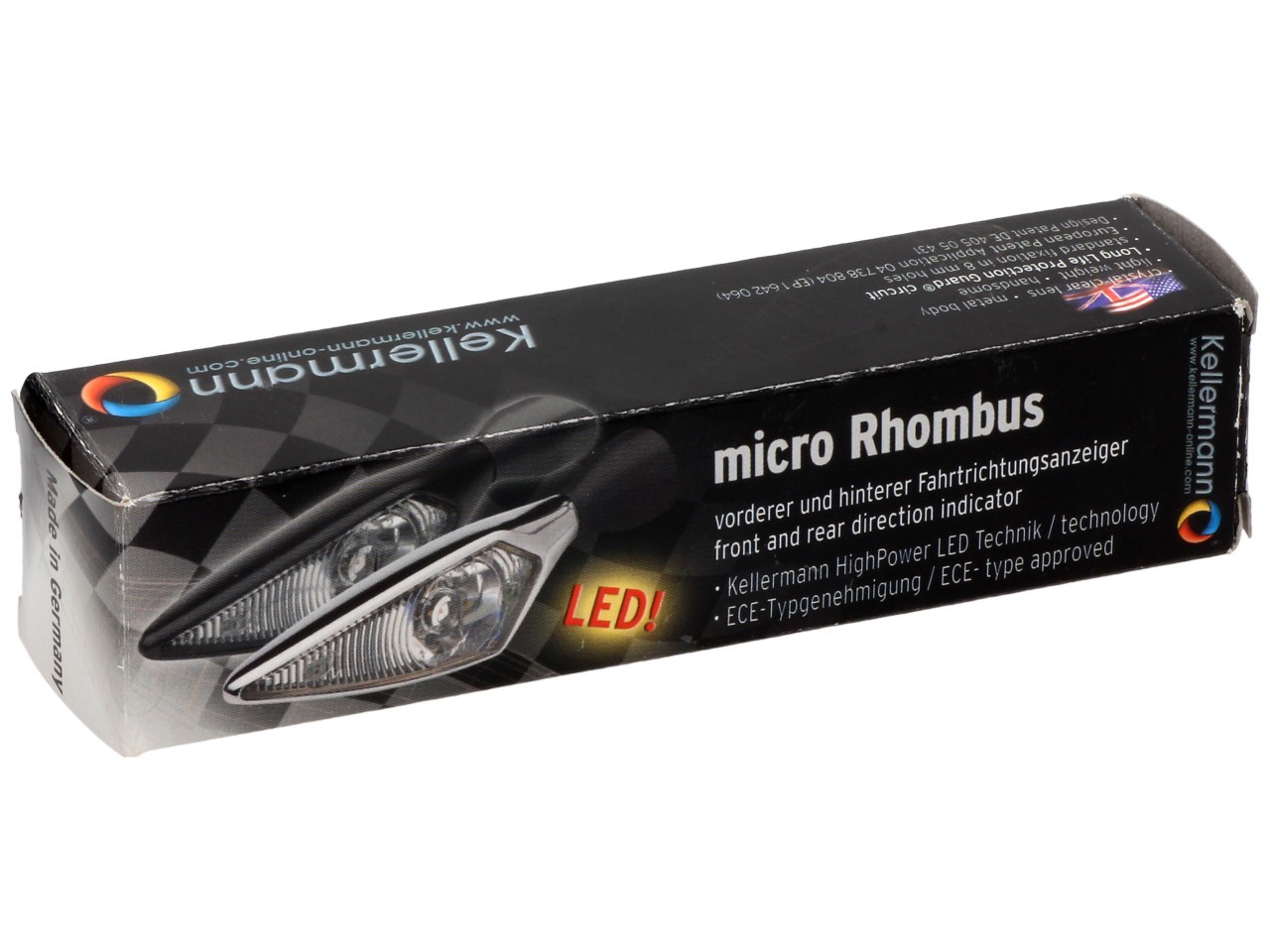 Clignotant Kellermann, losange, acier, LED, VR/HL, 12 V, noir satiné, M8x20, homologué E