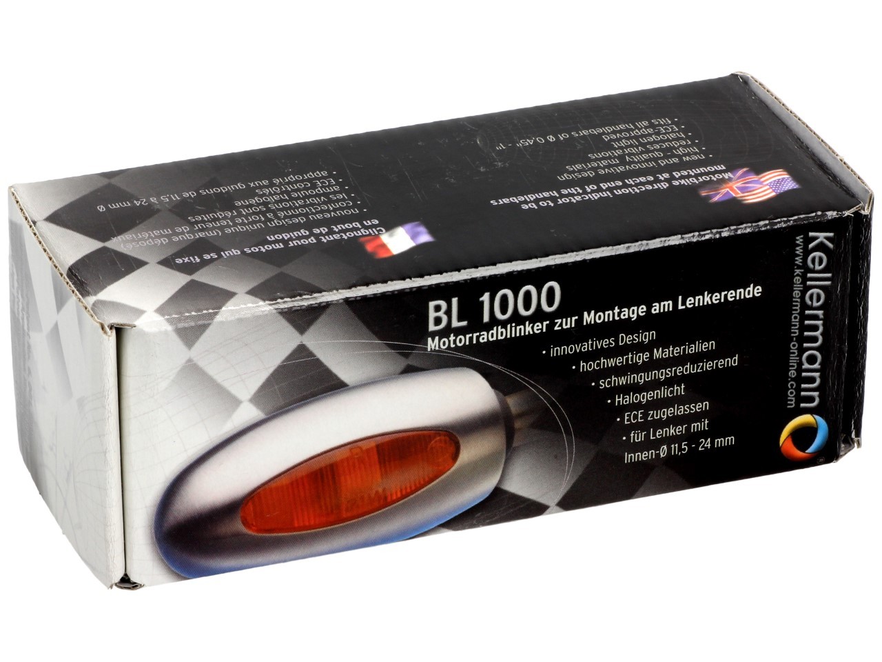 Clignotants Kellermann, BL 1000 yellow, aluminium, halogène, VR/VL, 12 V, 21 W, noir satiné