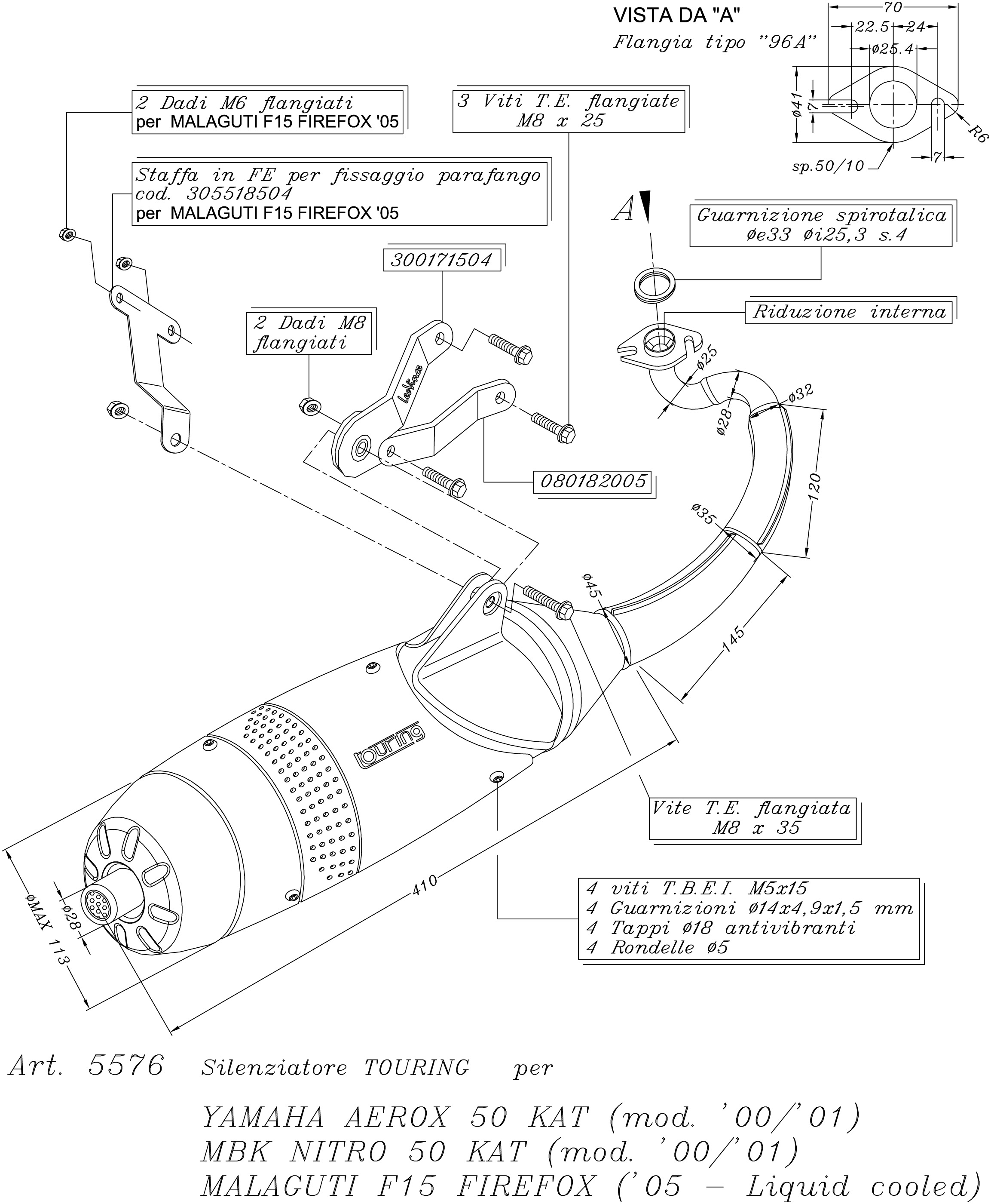 LeoVince système d'échappement Touring, acier pour Yamaha Aerox 50 Kat (Bj.00-01)