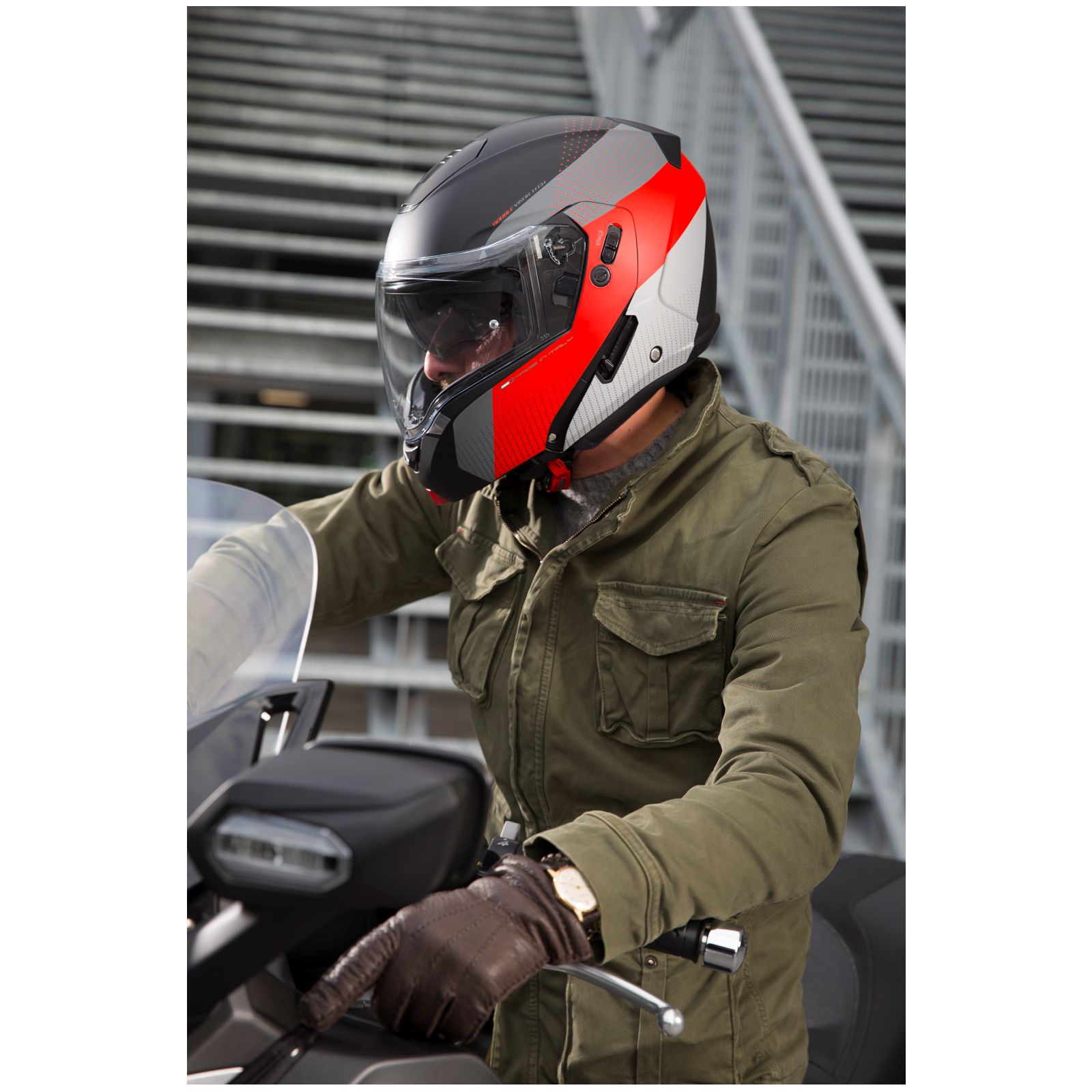 Caberg casque Horus Scout, noir mat/fluo-rouge-gris