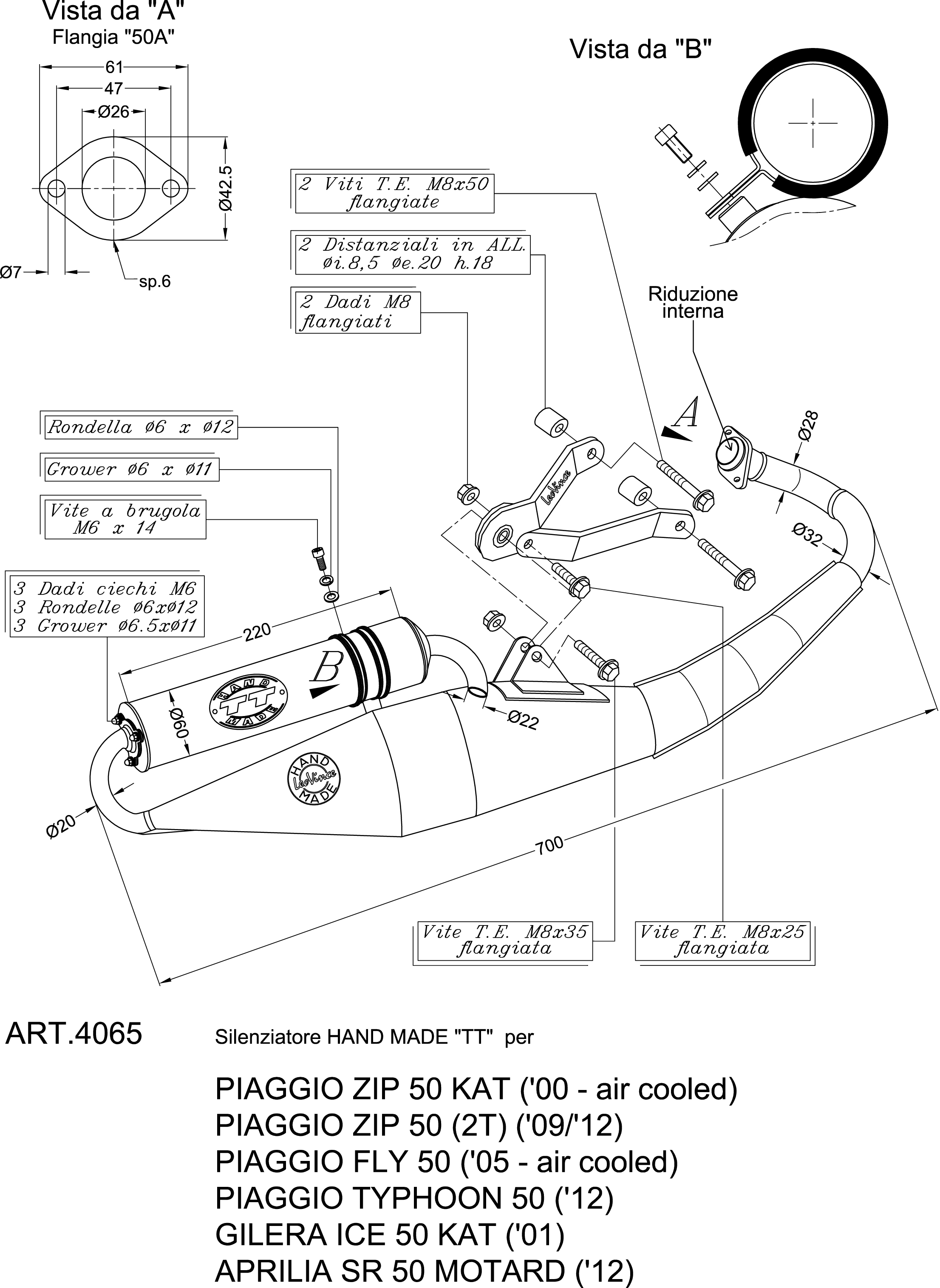 Système d'échappement LeoVince Hand Made TT, acier, Full System pour Aprilia / Piaggio