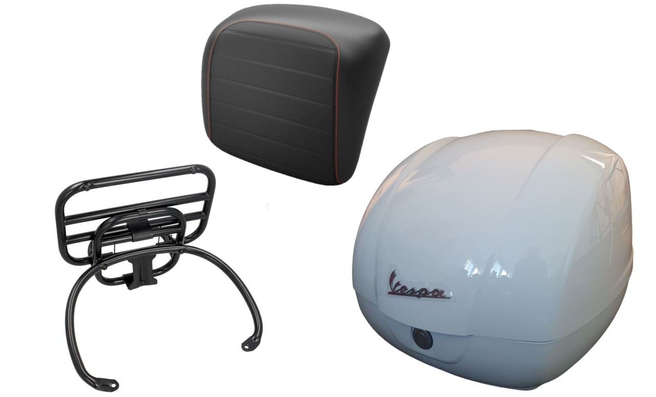 Kit top case 36L blanc, porte-bagages noir, coussin dorsal noir avec couture orange pour Vespa GTS