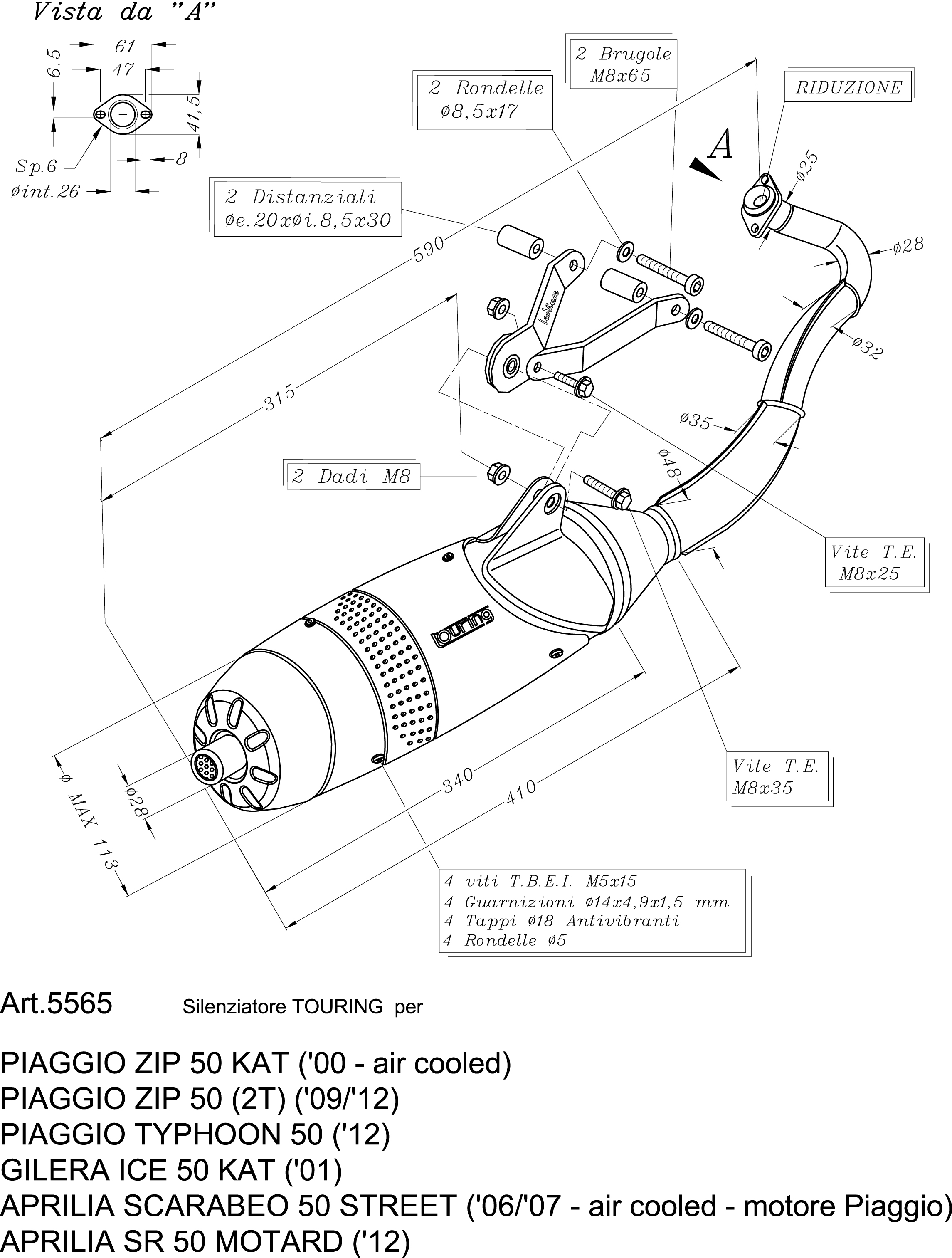 Système d'échappement LeoVince Touring, acier, Full System pour Aprilia / Piaggio
