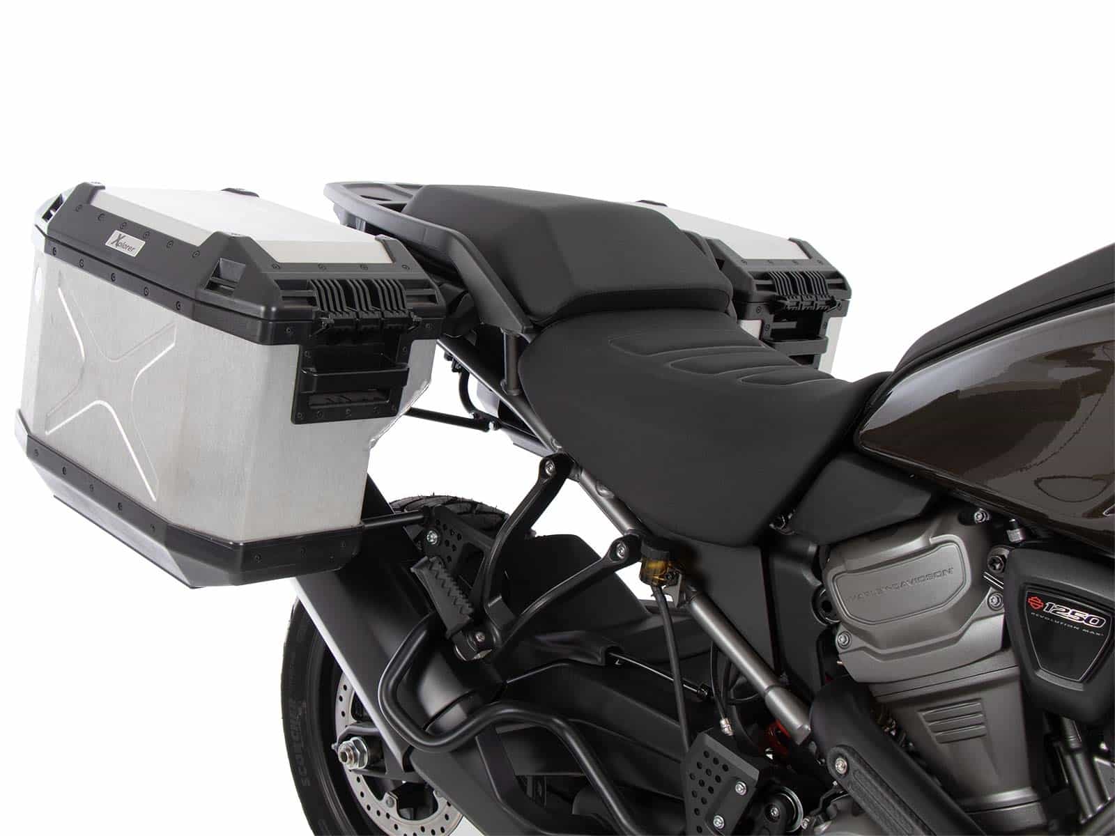 Kit de support de valises Cutout y compris kit de valises Xplorer Cutout argent pour Harley Davidson Pan America (21-)
