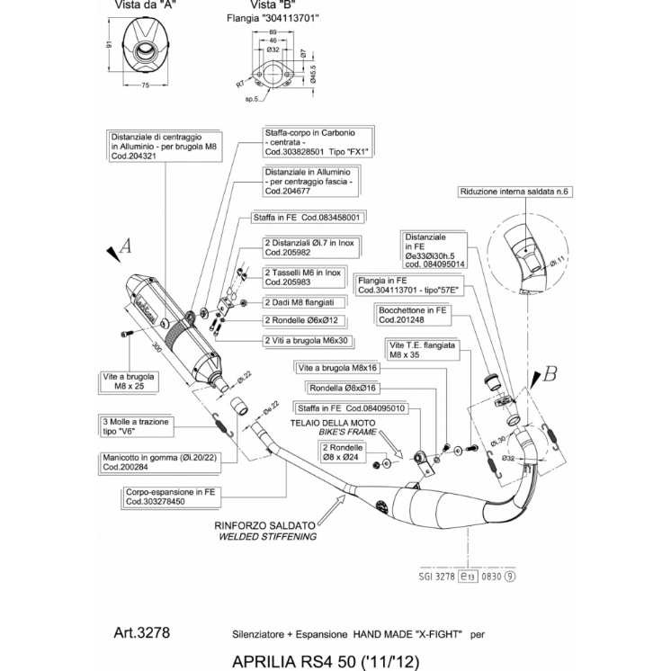 LeoVince Système d'échappement Hand Made X-Fight, en acier pour Aprilia RS4 50 (Bj.11-13)