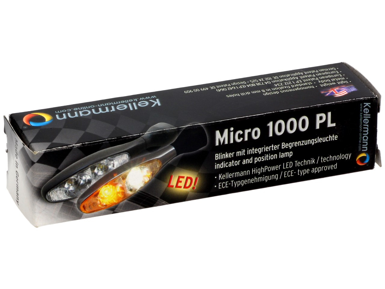 Clignotant Kellermann avec feu de position, Micro 1000 PL, acier, LED, VL/VR, 12 V, chrome brillant, M8x20