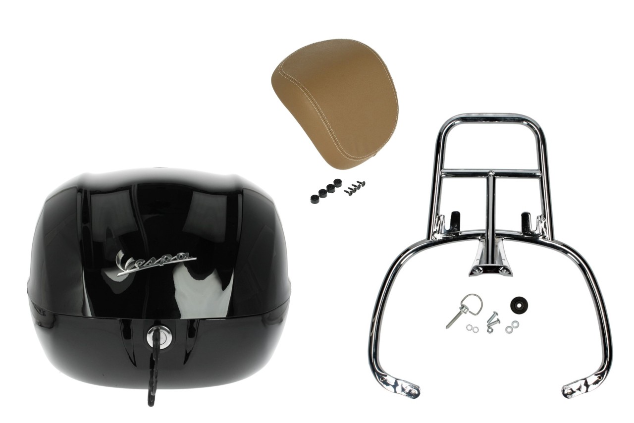 Kit top case 32L nero cosmo (98/A), coussin dorsal beige pour Vespa Sprint / Primavera