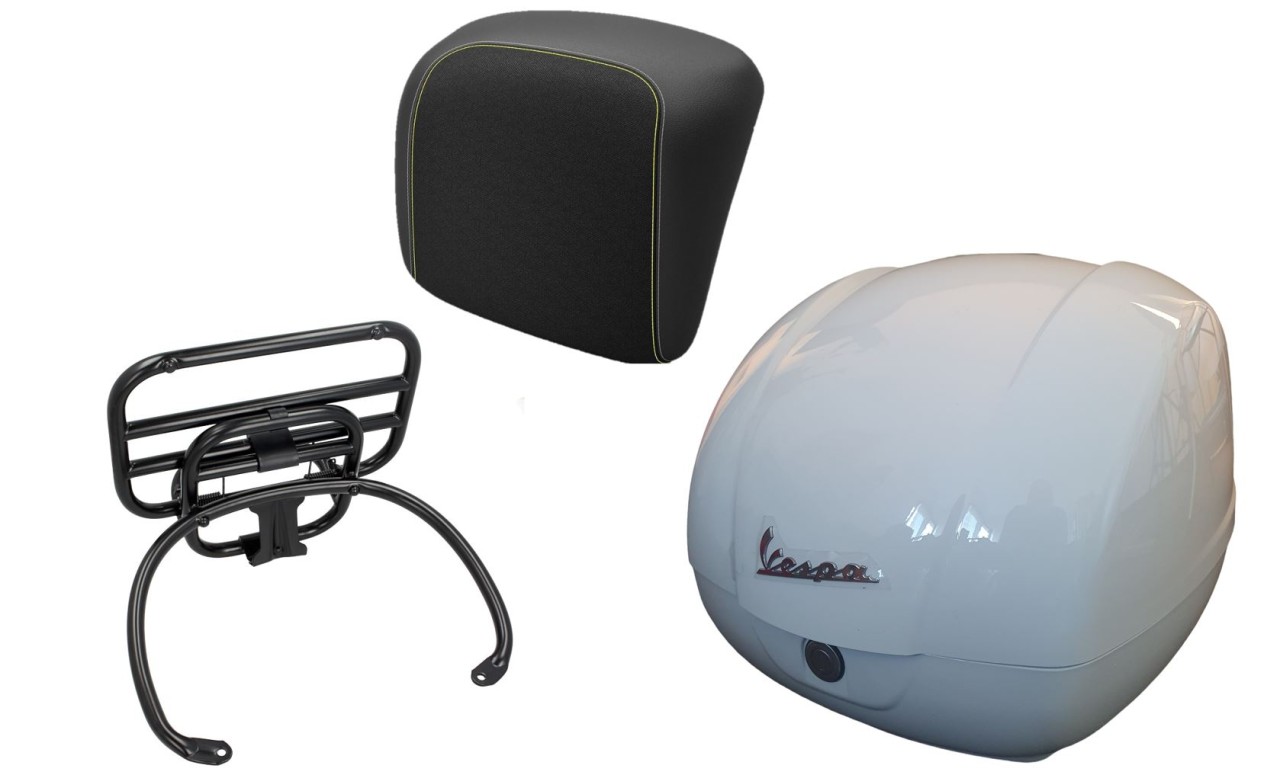 Kit top case 36L blanc, porte-bagages noir, coussin dorsal noir avec coutures jaunes pour Vespa GTS