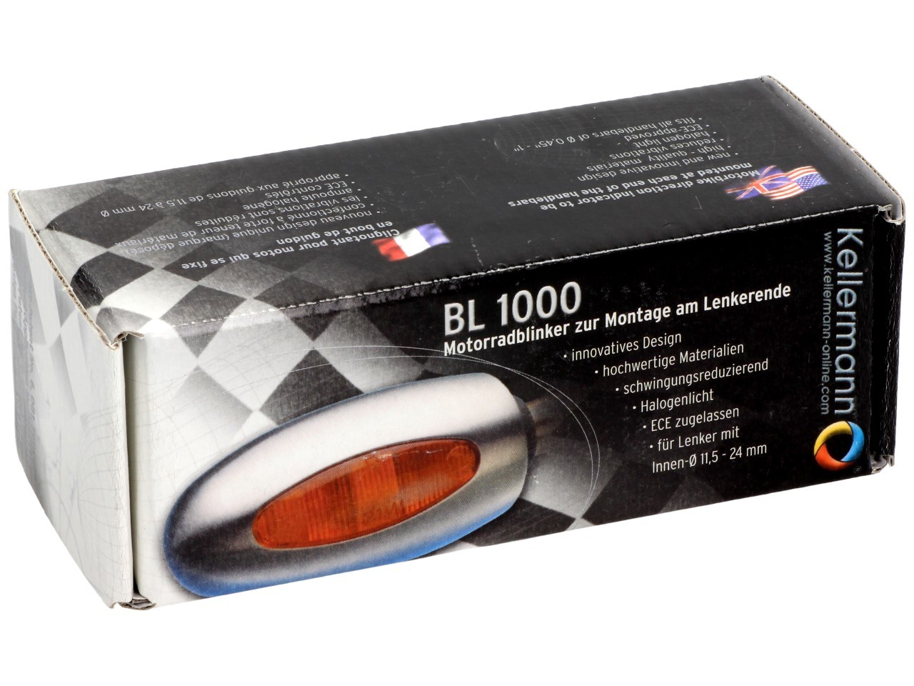 Clignotants Kellermann, BL 1000 yellow, aluminium, halogène, VR/VL, 12 V, 21 W, chrome poli, brillant