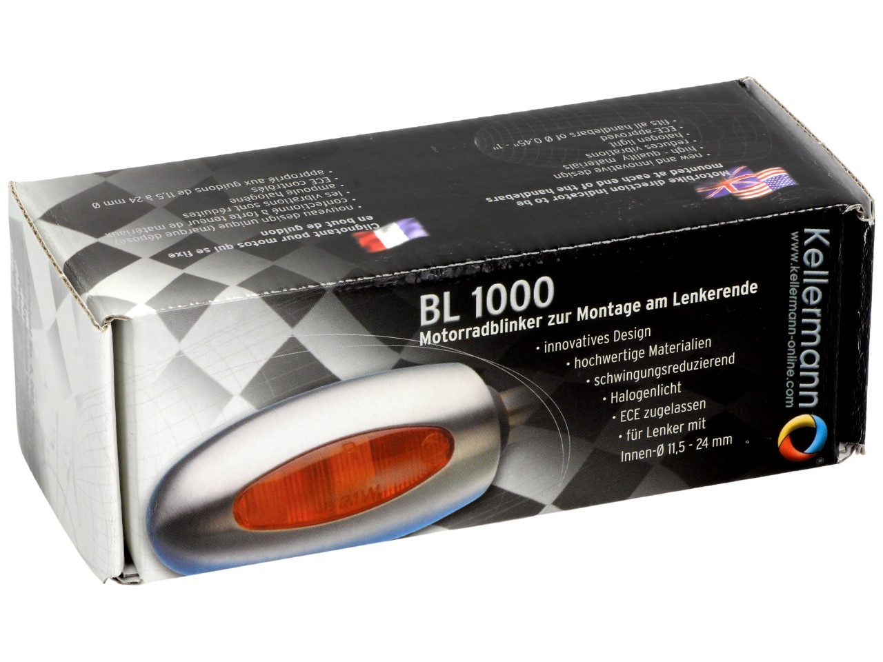 Clignotants Kellermann, BL 1000 yellow, laiton, halogène, VR/VL, 12 V, 21 W, noir satiné