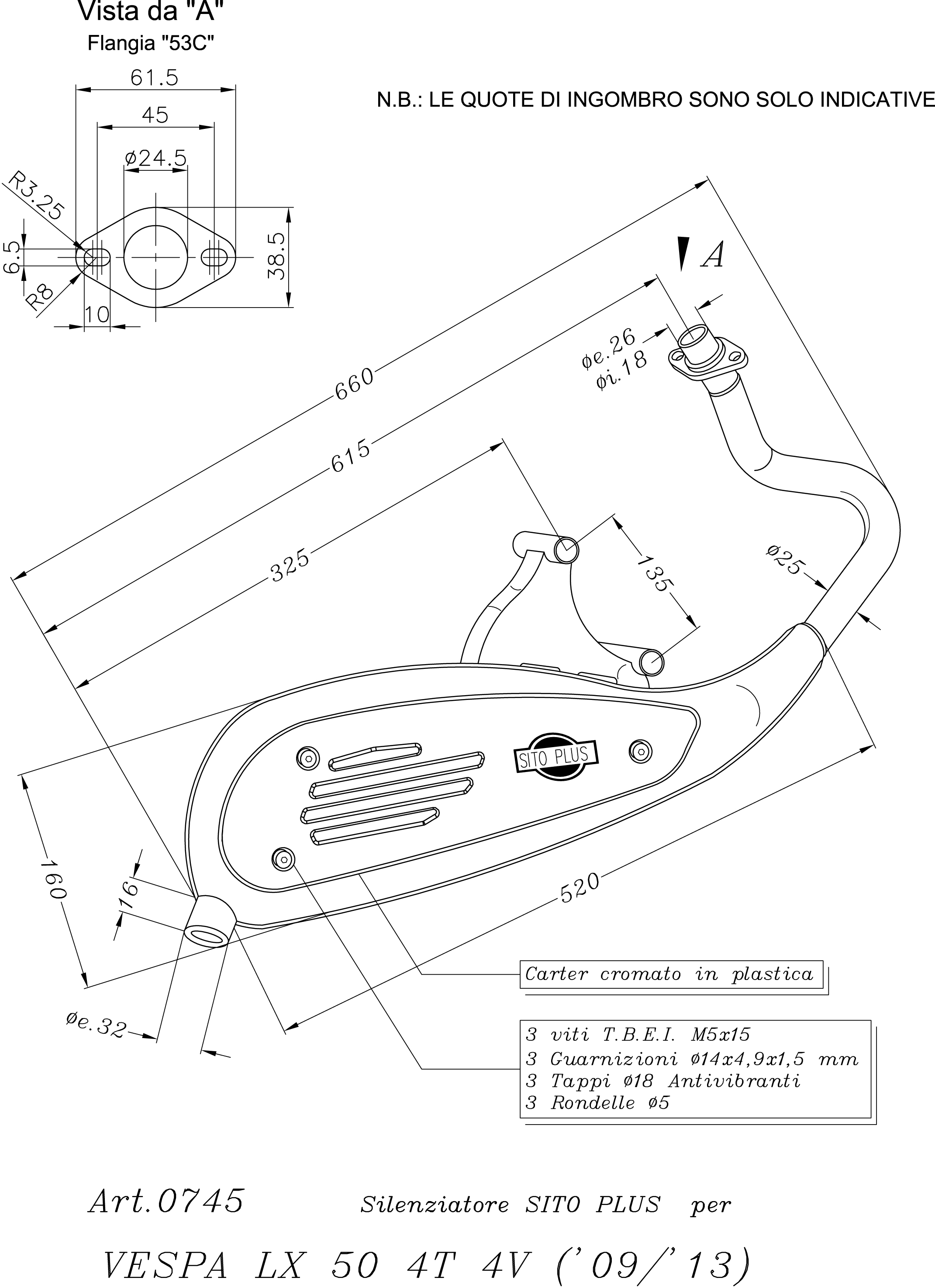 Sito / LeoVince Système d'échappement Sito Plus, en acier pour Vespa LX 50 4T 4 Valves (année 09-14)
