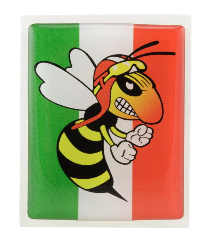 Emblème Vespa "guêpe en colère" cascade à 4 coins, vert/blanc/rouge