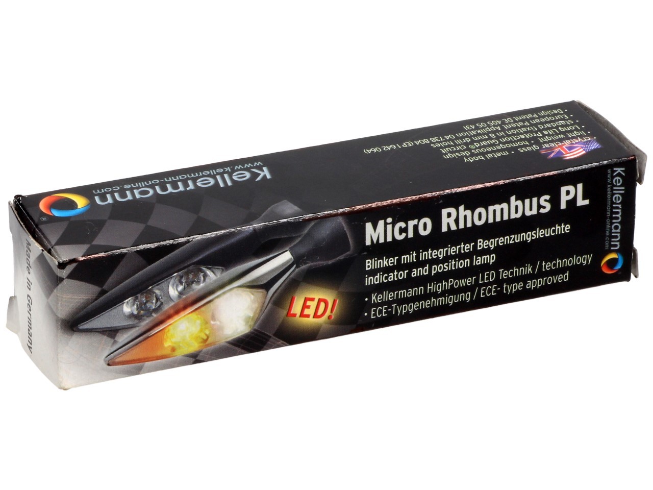 Kellermann Clignotant avec feu de position, Rhombus PL, acier, LED, VL, 12 V, chrome brillant, M8x20