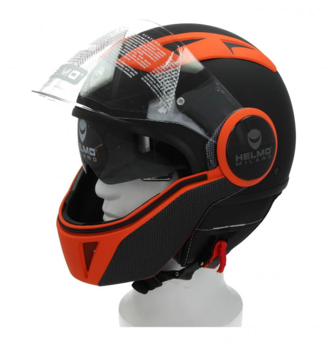 Casque jet Helmo Milano Full, FuoriRotta Premium, noir, orange, mat