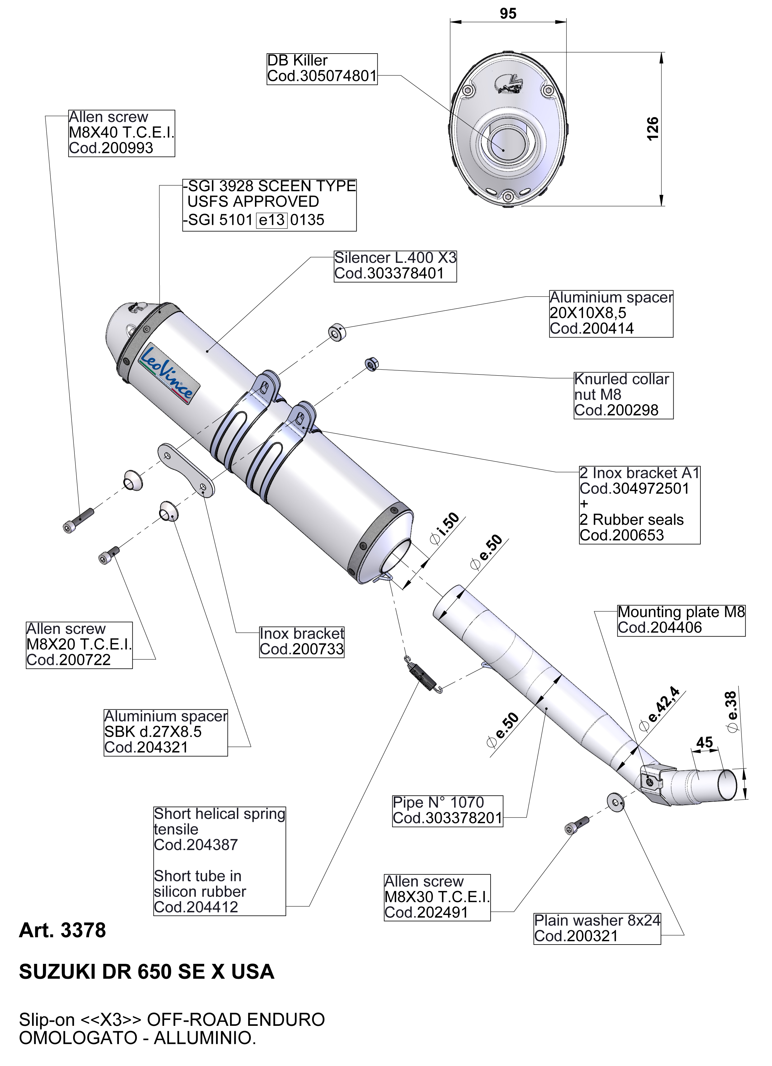 LeoVince système d'échappement X3, aluminium, slip on pour Suzuki DR 650 SE (année 96-15)