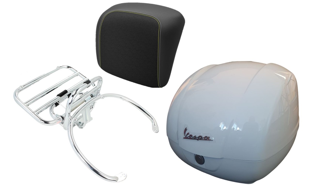 Kit top case 36L blanc (B04), porte-bagages chromé, coussin dorsal noir avec coutures jaunes pour Vespa GTS