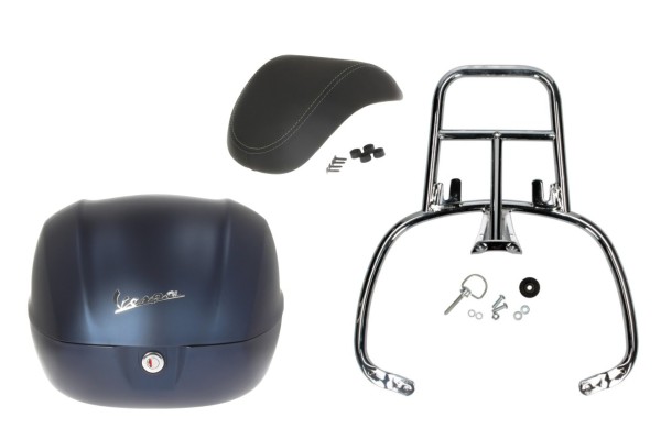 Kit top case 32L bleu foncé mat opaque (288/A), coussin dorsal noir pour Vespa Primavera