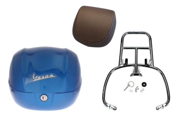 Kit top case 32L bleu (261/A), coussin dorsal marron pour Vespa Sprint / Primavera