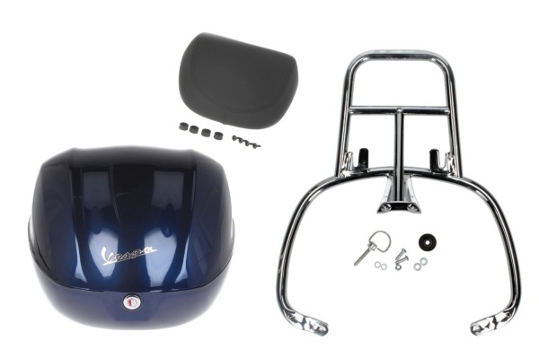 Kit top case 32L bleu foncé (289/A), coussin dorsal noir pour Vespa Primavera
