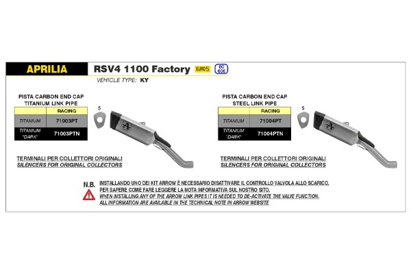 ARROW Racing-Auspuff PISTA DARK mit Titan Zwischenrohr für Aprilia RSV4 1100 Factory 2021-, Tuono V4