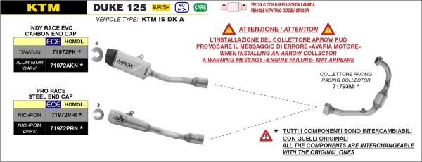 Collecteur ARROW Racing sans catalyseur pour KTM Duke 125 (24-) /125 Enduro R (25-) /125 SMC R (25-)