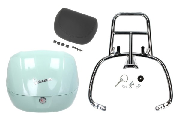 Kit top case 32L latte menta (350/A), coussin dorsal noir, porte-bagages chromé pour Primavera