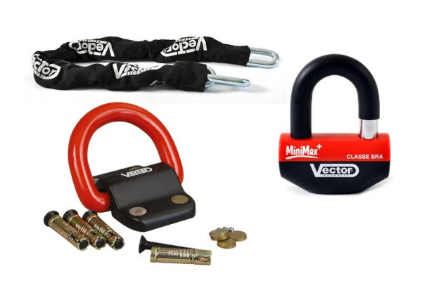 VECTOR Kit antivol avec chaîne 1.30m + antivol/disque MiniMax+ antivol + ancrage au sol C