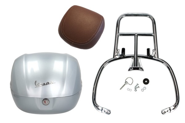 Kit top case 32L gris métallisé lucido, coussin dorsal marron foncé, porte-bagages chromé pour Primavera