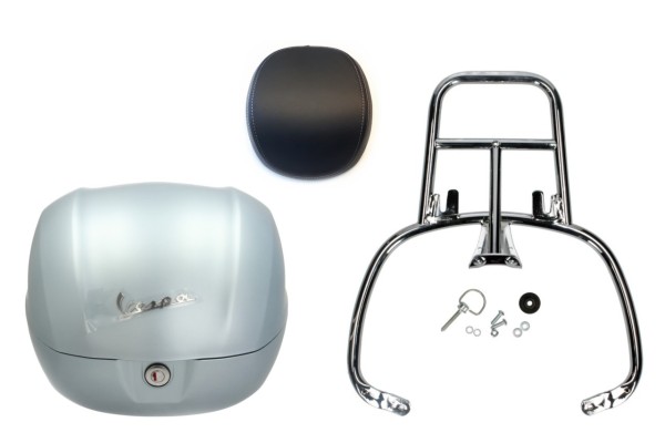 Kit top case 32L grey blue matt (G02), coussin dorsal noir, porte-bagages chromé pour Primavera