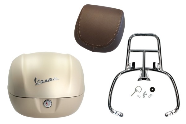 Kit top case 32L beige unico mat opaco, coussin dorsal marron, porte-bagages chromé pour Primavera