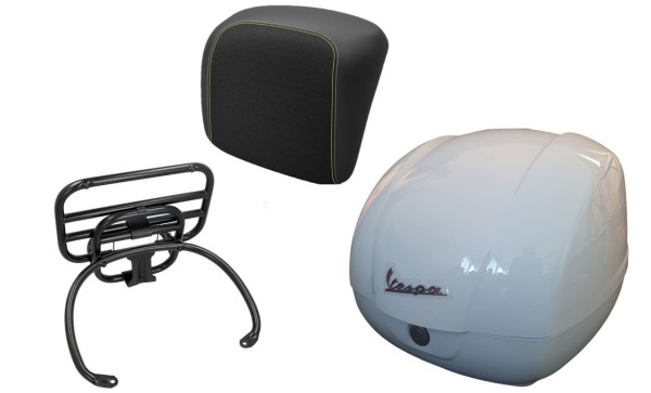 Kit top case 36L blanc, porte-bagages noir, coussin dorsal noir avec coutures jaunes pour Vespa GTS