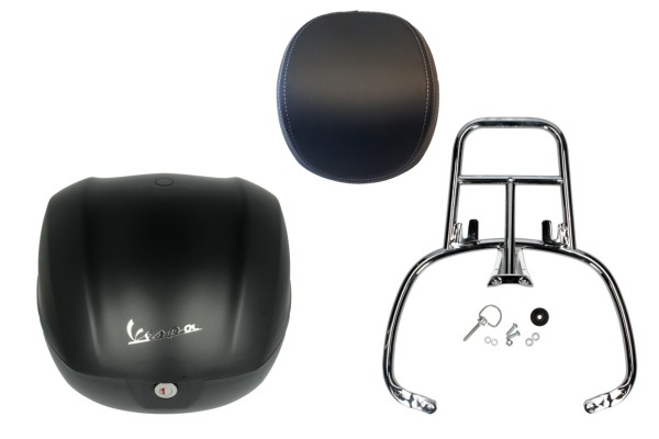 Kit top case 32L noir mat opaque (99/C), coussin dorsal noir, porte-bagages chromé pour Primavera
