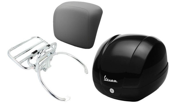 Kit top case 36L nero cosmo (98/A), porte-bagages chrome, coussin dorsal gris pour Vespa GTS 125/300/310