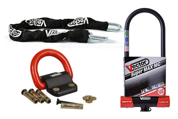 VECTOR Diebstahlschutz-Set mit Kette 1.30m + MC Super MAX XXXL Diebstahlschutz U + Bodenanker Compac